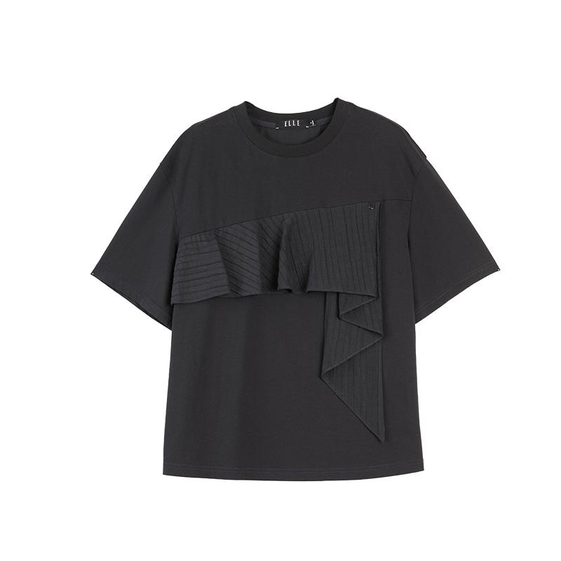 ELLE法式不规则拼接短袖女2025夏新款白色宽松休闲设计感时髦T恤