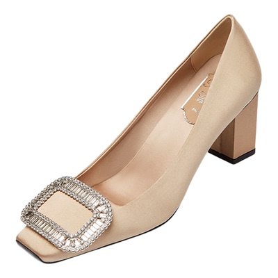 水钻粗跟高跟鞋女绸缎面黑色中跟