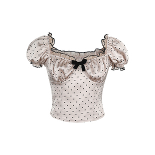 Mummy Cat 下蛋喵 日系甜美波点蝴蝶结木耳边泡泡袖短袖上衣