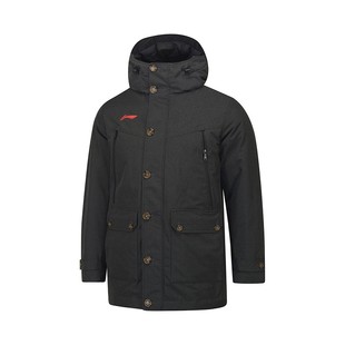 李宁中羽绒服灰鸭绒保暖防寒连帽羽绒大衣防风防水AYMN187-1