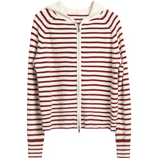 布景羊毛衫女2025年冬季新品简约撞色条纹连帽短款毛衣开衫1386