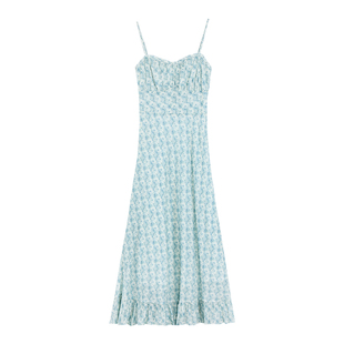 pusumede 【现货7折】柏林灰蓝 吊带连衣裙收腰碎花裙荷叶边长裙