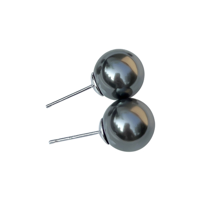 大溪地色深灰正圆珍珠耳环女