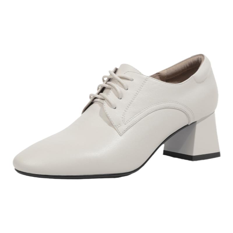 金利来皮鞋女粗跟春秋新款气质裸靴白色系带真皮中跟通勤深口单鞋