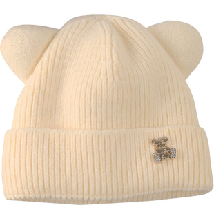 秋冬加绒小熊帽子女士可爱甜美立体耳朵毛线帽学生街头护耳毛绒帽