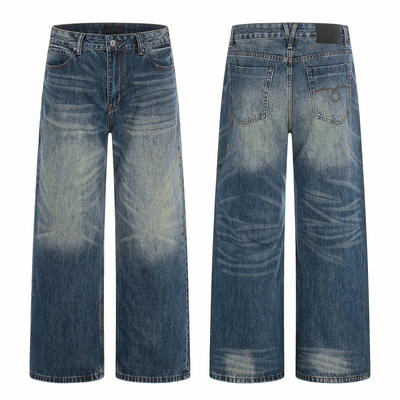 美式高街猫须水洗直筒牛仔裤