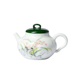 束刻手绘湖石粉兰陶瓷茶壶高档釉下彩手绘功夫茶具泡茶壶精致单壶