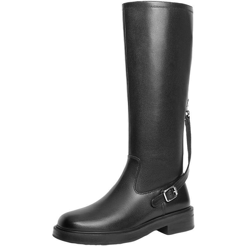 百丽女靴子复古骑士靴新款冬季长筒真皮厚底高长靴3ELB8DG4