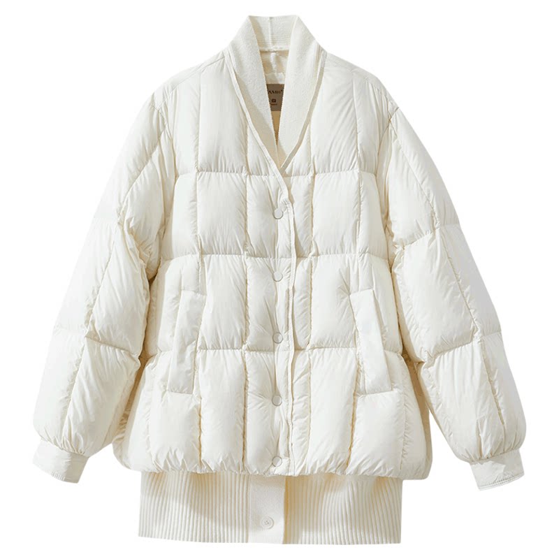 Amii2025冬新款温暖撞料拼接毛织假两件羽绒服女宽松落肩袖上衣