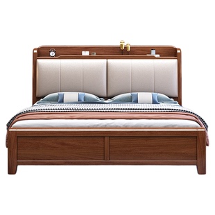 全实木床1.8米金丝胡桃木双人床简约现代带储物软靠包1.5m小夜灯