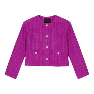 Maje Outlets新年穿搭秋冬女装时尚气质玫红色圆领短款毛呢外套