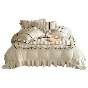 法式冬季加厚兔兔绒四件套牛奶绒公主风花边被套珊瑚绒奶油风床单