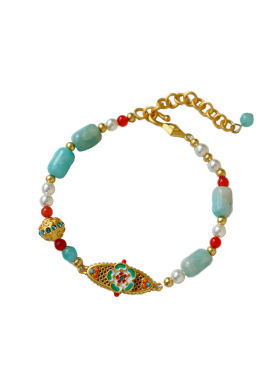 国潮国风珐琅花朵滴油天然石手链