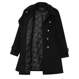 白鹿语羊毛混纺羽绒服冬款优雅双排扣翻领修身中长款羽绒大衣女