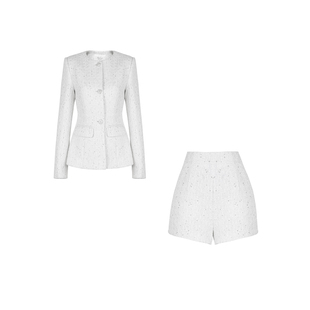 XULU原创秋季优雅粗花呢圆领干练外套气质白色高腰短裤两件套装