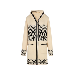 XG雪歌羊毛混纺中长款毛针织衫2025秋季新款浅米色连帽开襟毛衫女