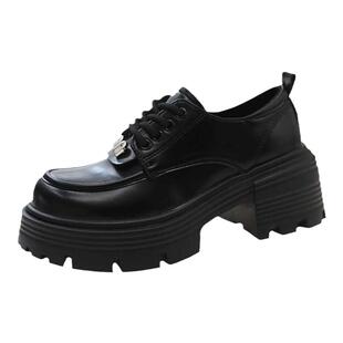 英伦风皮鞋女款2025新款春秋百搭7cm厚底增高乐福鞋黑色秋冬加绒