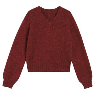 辰米范 红色v领毛衣女秋冬新款羊毛上衣宽松针织内搭打底衫