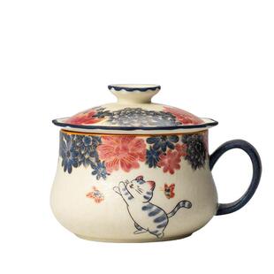 繁猫青花岩矿白茶咖杯茶水分离泡茶杯复古窑变陶瓷办公杯个人专用