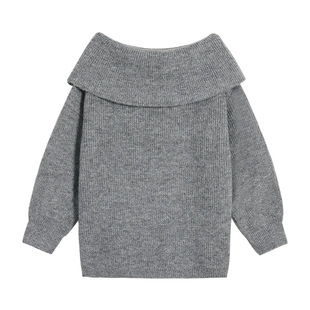 MULVAN 白色一字肩毛衣女秋冬新款高级感宽松针织中长款露肩上衣