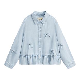爱法贝春秋新款女童长袖衬衫中长款儿童装蝴蝶结衬衣外套洋气潮