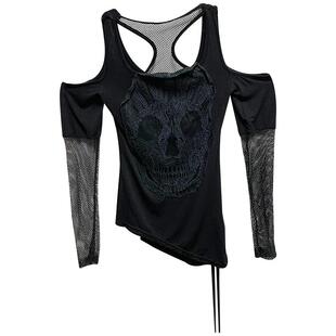 辣妹穿搭黑色性感上衣低领拼接网镂空露肩打底衫美式jazz跳舞衣服