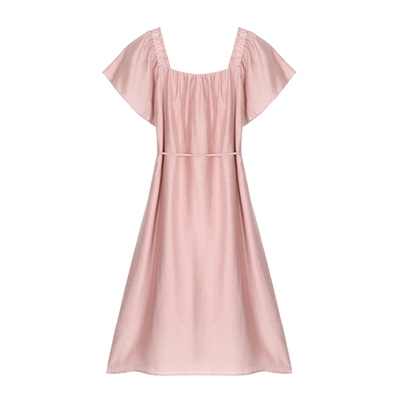 Basic House/百家好粉色短袖连衣裙温柔风方领中长款裙子夏季新款