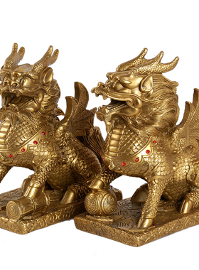 全铜麒麟一对摆件中式装饰工艺