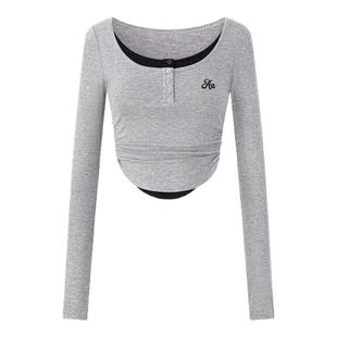 ACMEAURA 美式复古假两件短款辣妹T恤女正肩修身内搭长袖打底上衣