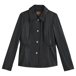 YINER音儿专选2026春季新款法式翻领收腰短款真皮皮衣夹克外套