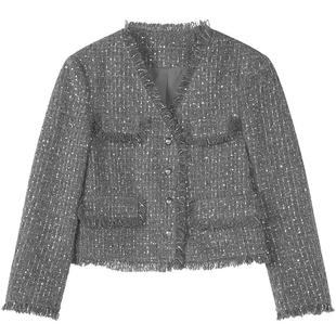 LAGOGO小香风短款外套女拉谷谷2025年冬新款含羊毛气质灰色上衣