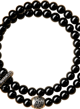 天然黑曜石双圈999足银手串