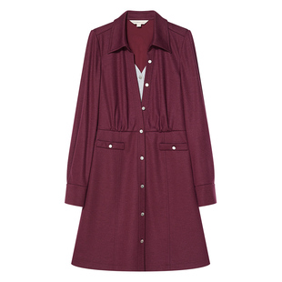 Goodland美地2024年冬季新款安可拉红衬衫式假两件修身显瘦连衣裙