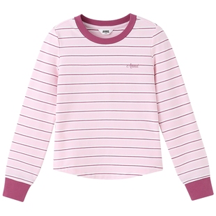安奈儿童装女童圆领长袖T恤秋新款时尚弹力短款条纹打底衫