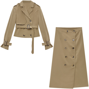 XZY/欣争艳 现货微胖mm御姐风时尚收腰外套女春季高级感风衣套装