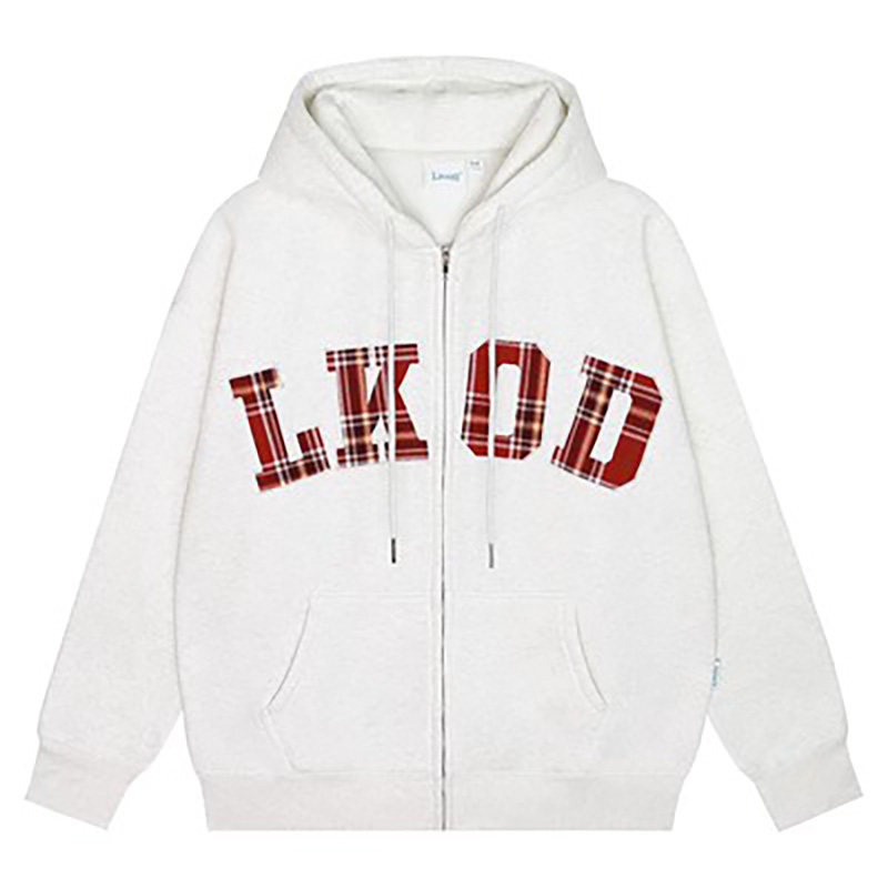 LKOD2023秋冬新款贴布格子连帽卫衣男女同款帽衫潮牌外套