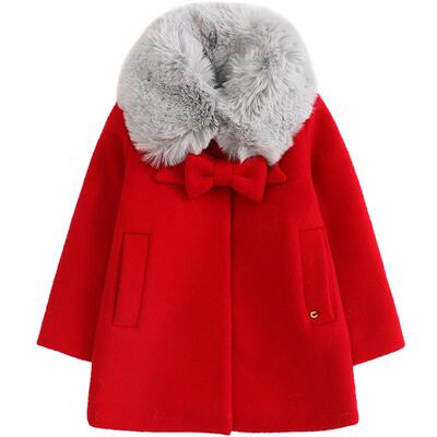 clan-C潮牌蝴蝶结毛领厚实呢大衣