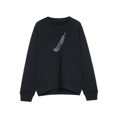 未知未觉新品短款休闲套头宽松2024年早秋黑色纯棉长袖圆领卫衣女