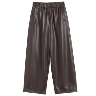 咖色直筒PU皮裤女2025秋冬季新款高腰显瘦百搭小个子哑光九分裤子