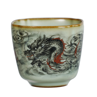 汝瓷主人杯手绘墨龙图汝窑高四方杯釉上彩手工茶杯陶瓷省工大师款