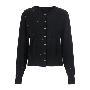 EVAOUXIU黑色烫钻开衫2026年春新商场同款休闲舒适圆领长袖毛衣