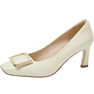 商场同款百田森牛漆皮红色高跟鞋女新款方扣单鞋婚鞋新娘鞋