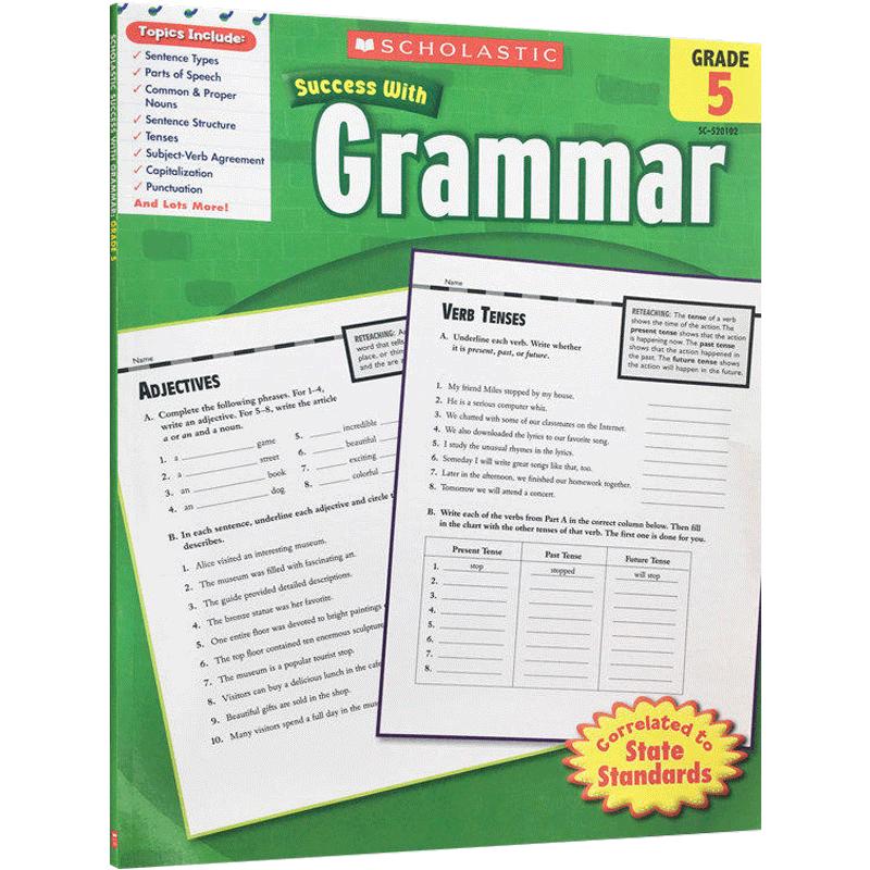 进口英文原版 Scholastic Success with Grammar Grade 5成功:学乐美国小学5年级趣味练习册附答案课外作业学习辅导用书6-12岁