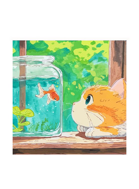 宫崎骏风格装饰画治愈系金鱼猫咪