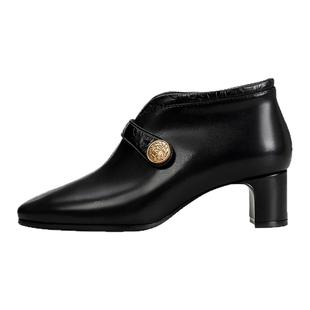 LINGMEICHEN方头粗跟羊皮踝靴秋冬新款高跟鞋女鞋子真皮短靴皮鞋