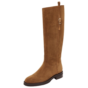 董洁同款真美诗自由诗篇新款牛皮复古西部靴加绒厚底骑士靴长靴女