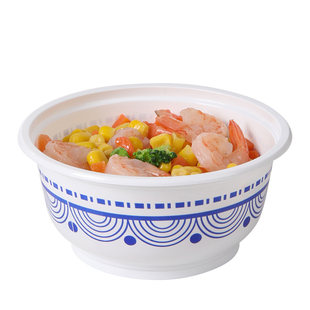 美丽雅一次性碗食品级塑料圆形带盖家用加厚耐高温青花瓷打包餐盒