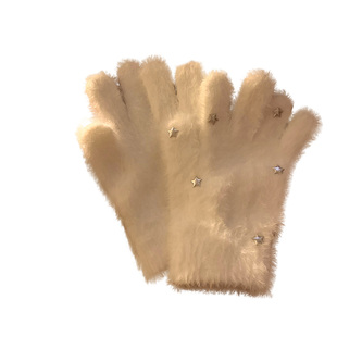 可爱毛绒星星手套女冬季加厚保暖韩版白色防寒针织毛茸茸手套新款