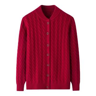 秋冬新款中老年爸爸妈妈麻花100%羊毛立领加厚宽松针织衫毛衣外套