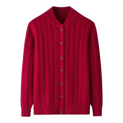 秋冬新款中老年妈妈麻花纯羊毛休闲服立领加厚宽松针织衫毛衣外套